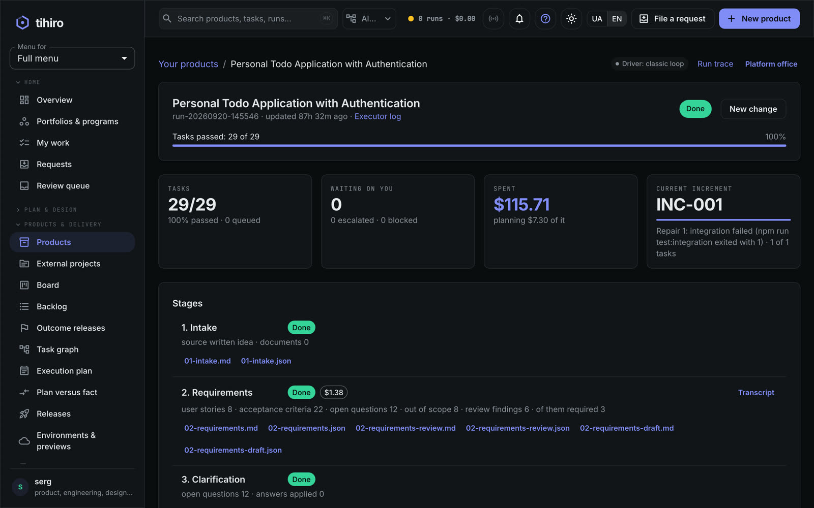 The run page of a finished product: every stage done, 29 of 29 tasks passed